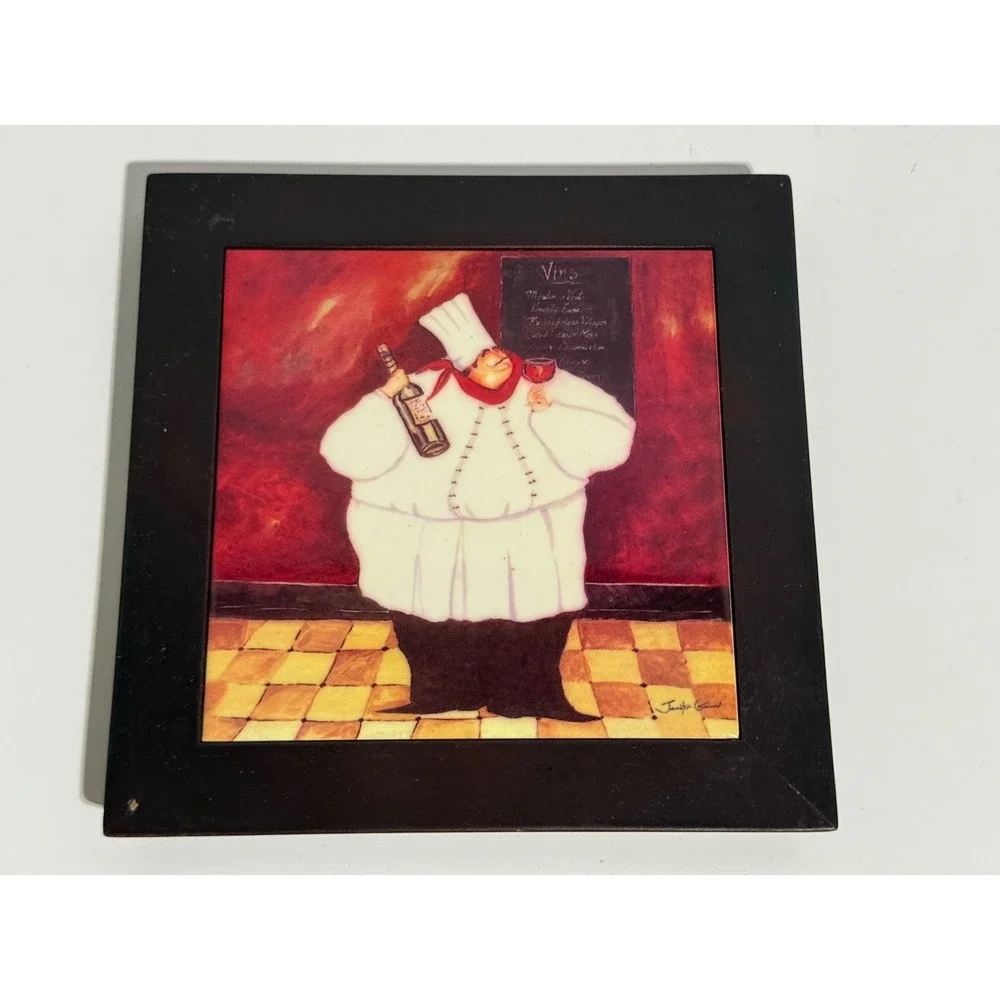Jennifer Garant Fat Chef Set 3 Framed Ceramic Tile Wall Art 8x8 Bistro Kitchen
